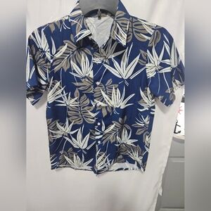 Boys Blue and White Leaf Print Shirt